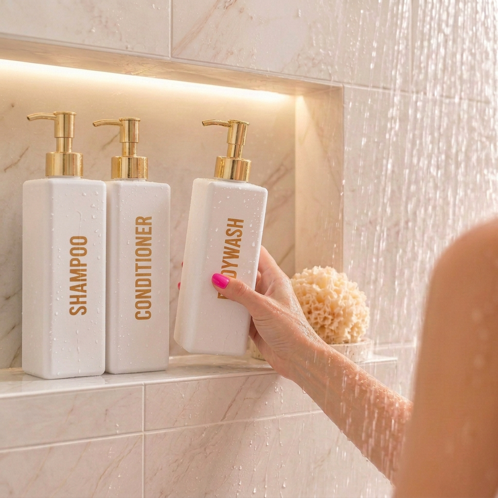 500ml White Triangle Coconut Body Wash, sitting besides matching Shampoo and Conditioning Bottles.