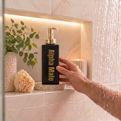 500ml Black Coconut Body Wash with fragrance labelled Alpha Male. Best Buy for tradies.