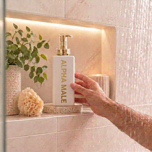 500ml White Coconut Body Wash with fragrance labelled Alpha Male. Best Buy for tradies.