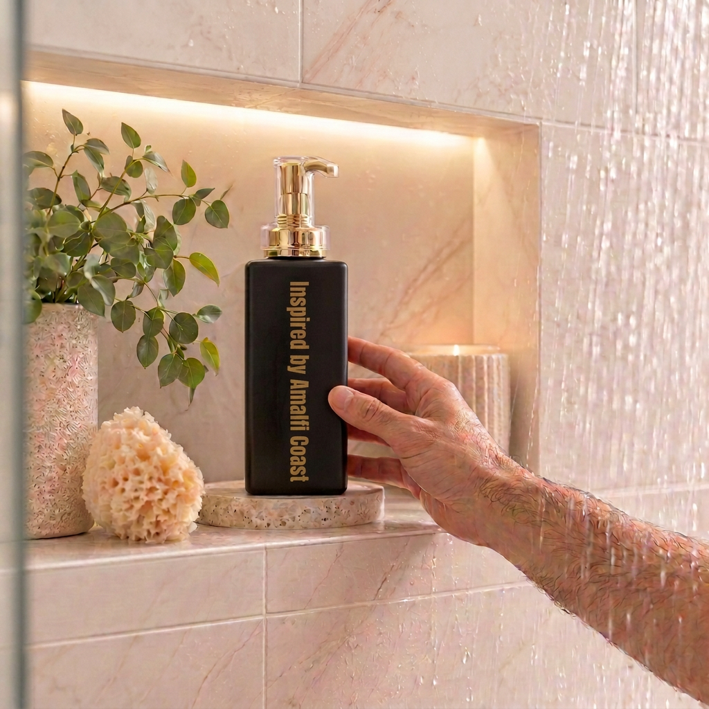 500ml Black Coconut Body Wash with the fragrance 'Inspired by Amalfi Coast' in gold lettering trailing down the bottle.