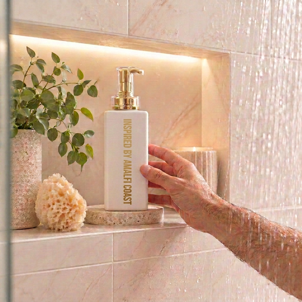 500ml White Coconut Body Wash bottle with gold words trailing down that say Inspired by Amalfi Coast.