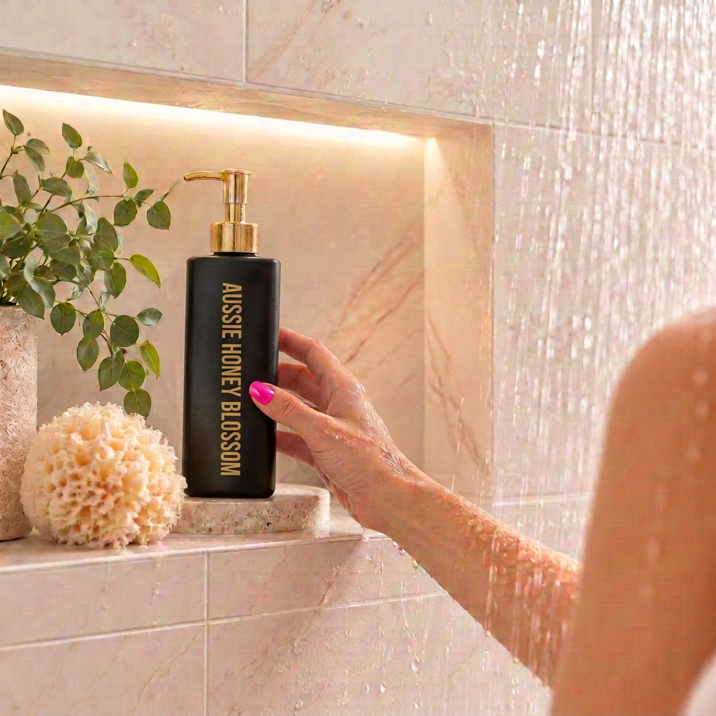 500ml Triangle Black Coconut Body Wash bottle containing a fragrance called Aussie Honey Blossom sitting in a shower niche, with the showering running and female's hand reaching out to use it.