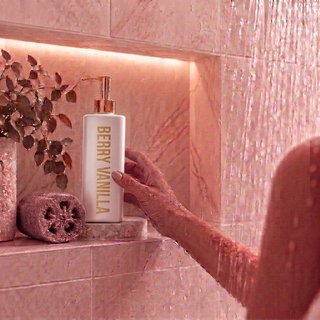500ml Triangle White Berry Vanilla Coconut Body Wash sitting in a shower niche with softened dusty berry loofah and accents.