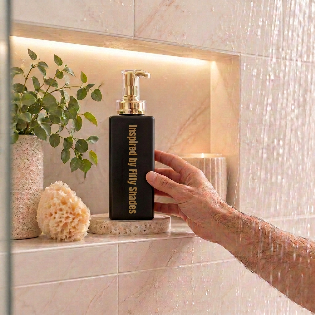 500ml Black Coconut Body Wash bottle with Inspired by Fifty Shades in gold lettering.