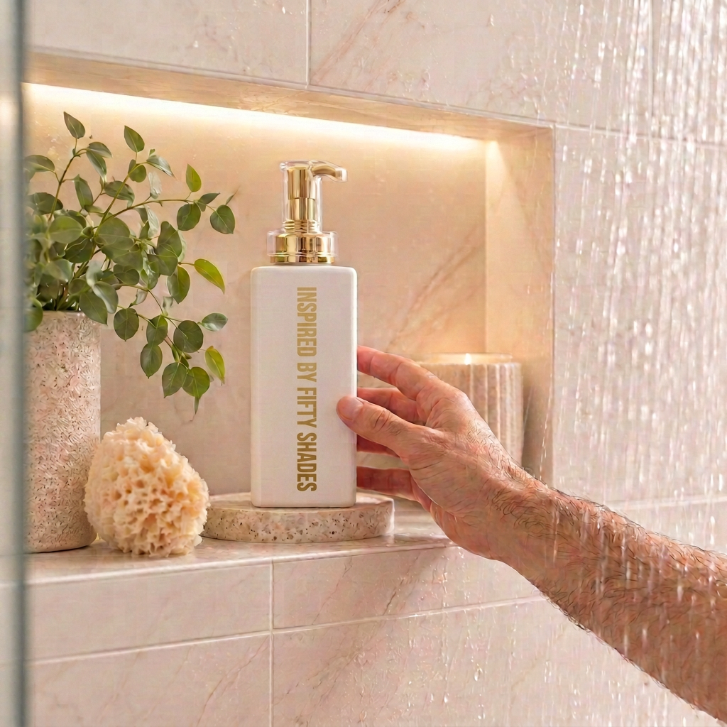500ml Coconut Body Wash - White Bottle with gold cap with Inspired by Fifty Shades in gold lettering.