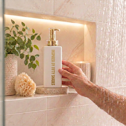 500ml Coconut Body Wash - White Bottle with gold cap with Inspired by Fifty Shades in gold lettering.