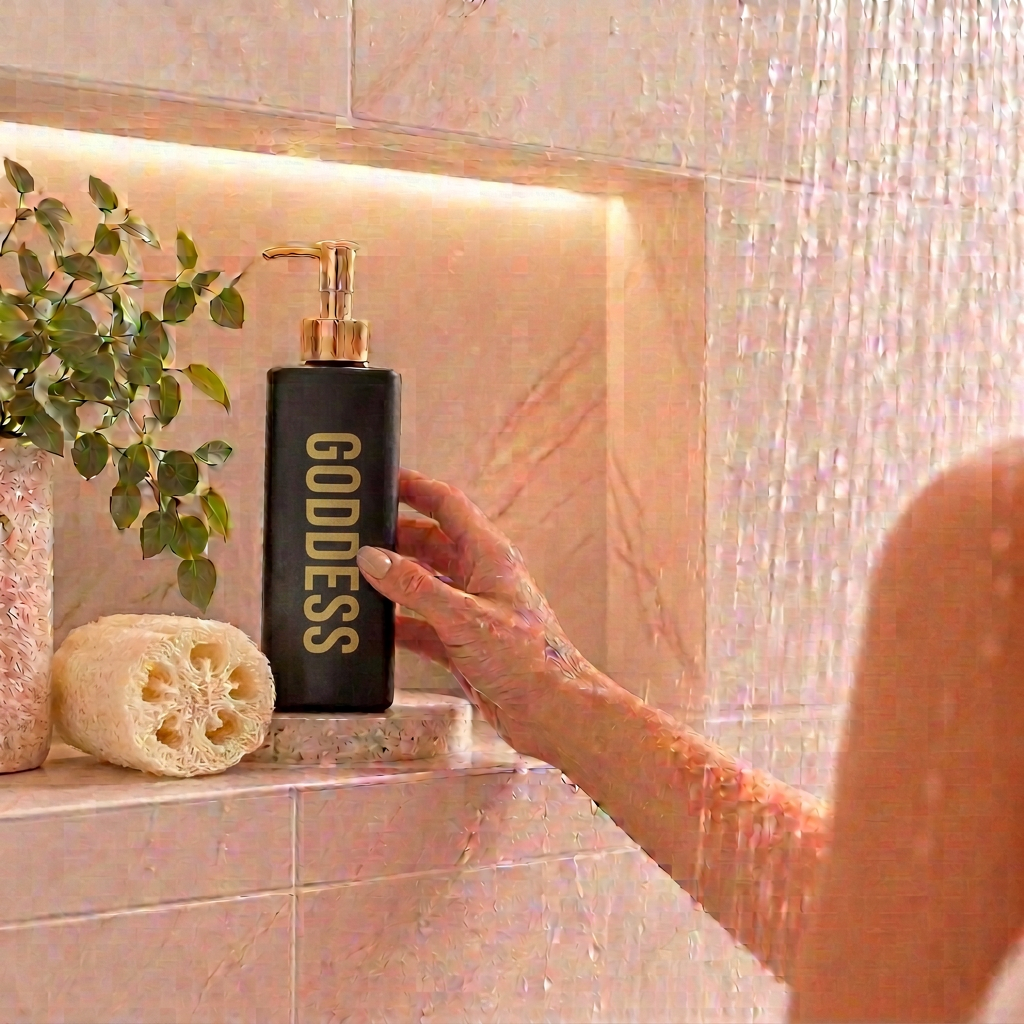 500ml Triangle Black bottle with Coconut Body Wash with a fragrance called Goddess inspired by Coco Mademoiselle perfume. It is sitting in a shower niche.