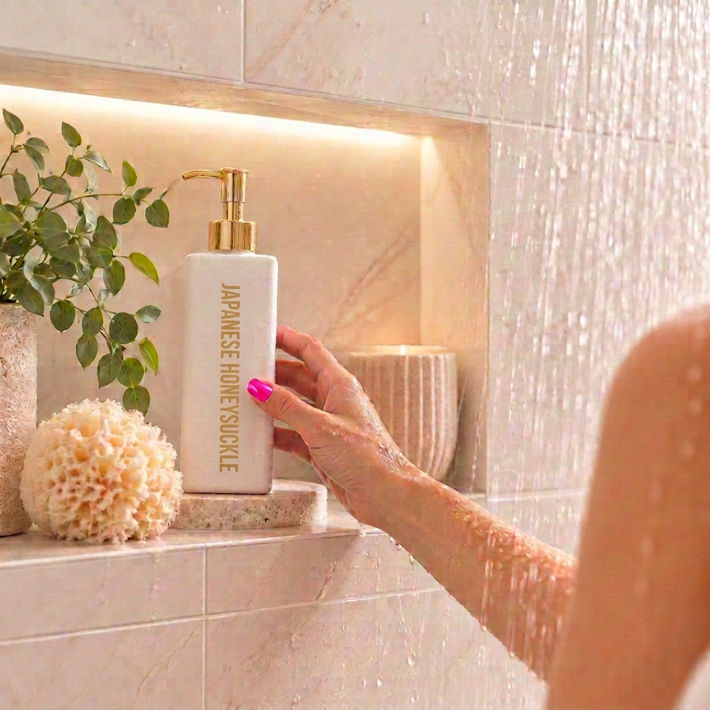 500ml White Body Wash bottle with a fragrance called Japanese Honeysuckle, sitting in a shower niche with a loofah beside it, the shower is running and a female's hand is reaching out to grab it.