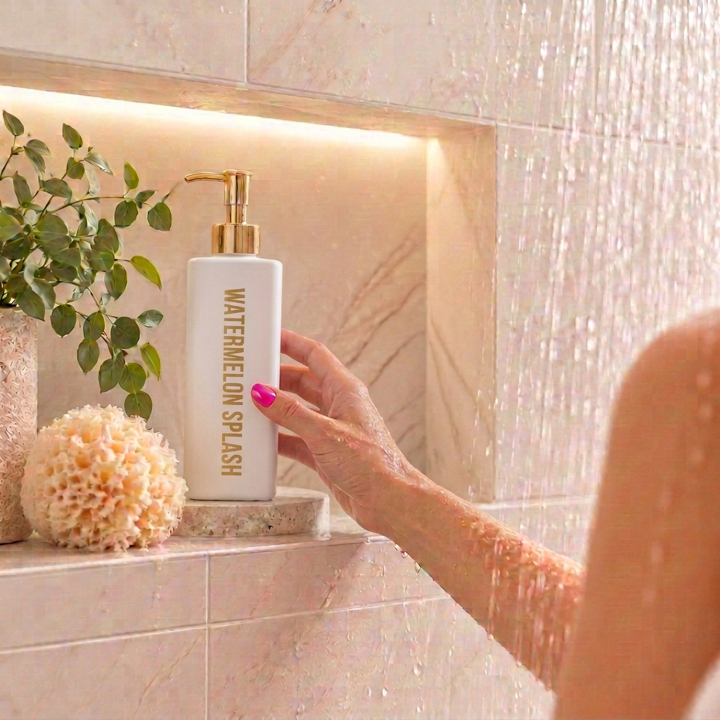 500ml White Triangle Watermelon Splash Coconut Body Wash bottle with a white loofah and plant besides.