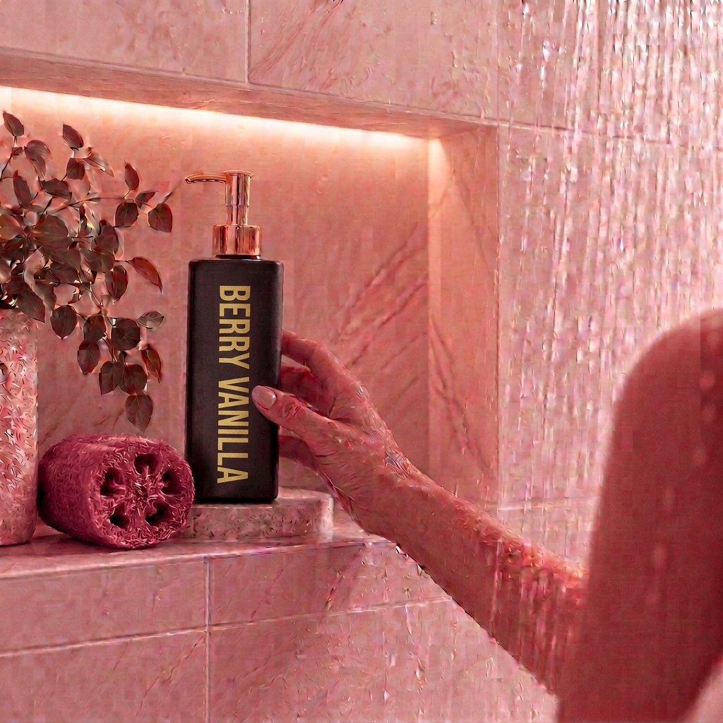 A hand holding a black pump body wash bottle 500ml labeled 'BERRY VANILLA' with gold lettering, set against a pink marble shower niche with a pink sponge and dried leaves.