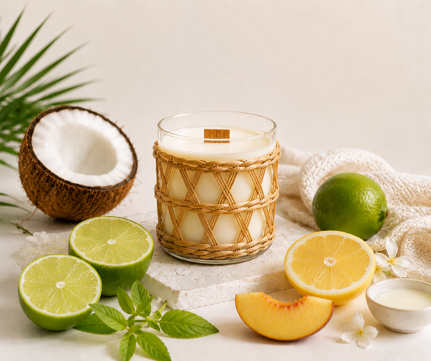 Coconut Lime Candle with wicker casing surrounded by fruits and a coconut on a light background.