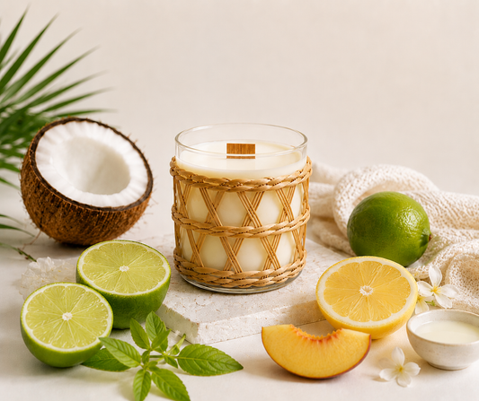 Coconut Lime Candle with wicker casing surrounded by fruits and a coconut on a light background.