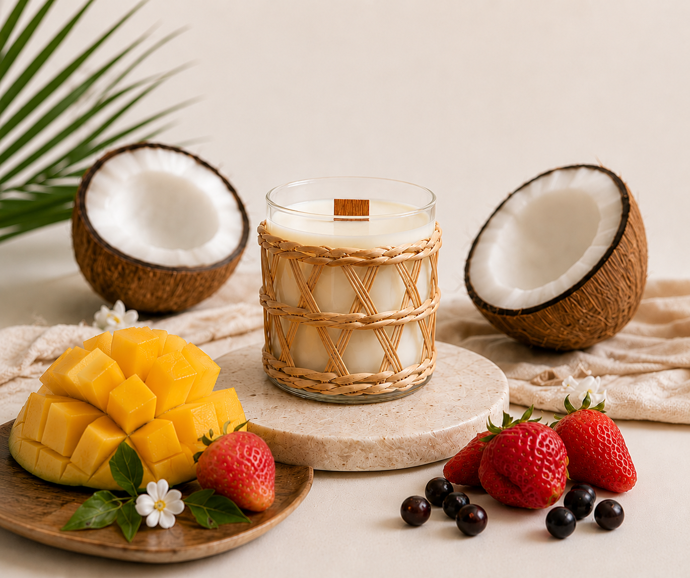 Coconut Mango scented Candle with wicker design surrounded by coconuts, mango, strawberries, and blackberries on a light background