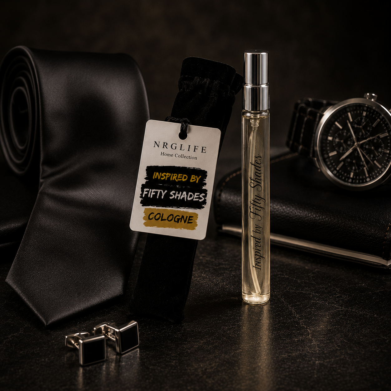 A clear cylindrical cologne Inspired by Fifty Shades 10ml spray bottle with a silver cap stands beside a rolled black necktie with a branded hangtag, with cufflinks and a wristwatch in a dark styled setting. This is our inspired version of this fragrance and not an original.