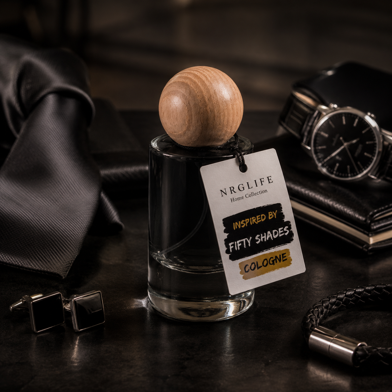 A clear cylindrical cologne Inspired by Fifty Shades 25ml spray bottle with a silver cap stands beside a rolled black necktie with a branded hangtag, with cufflinks and a wristwatch in a dark styled setting. This is our inspired version of this fragrance and not an original.