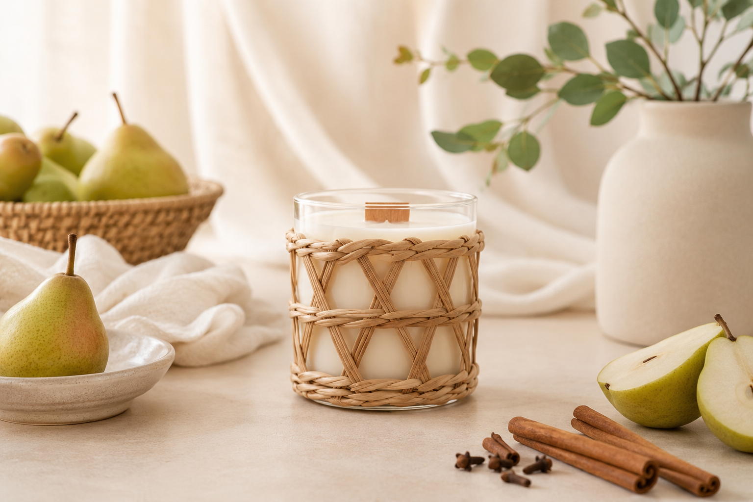 Coconut Soy Candle in a glass container with a rattan weave overlay with the scent French Pear. It has pears, cinnamon sticks, and a vase in the background with some soft filtered light.