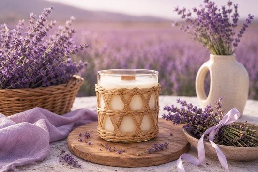 A natural coconut soy candle with the scent French lavender encased in a glass container with a natural rattan weave overlay. It sits on a stone table in a field of lavender.