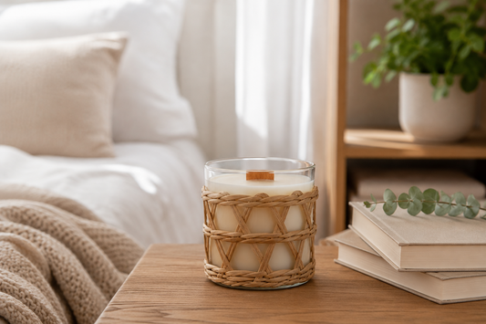 Candle in a woven holder on a wooden table with a cozy living room background