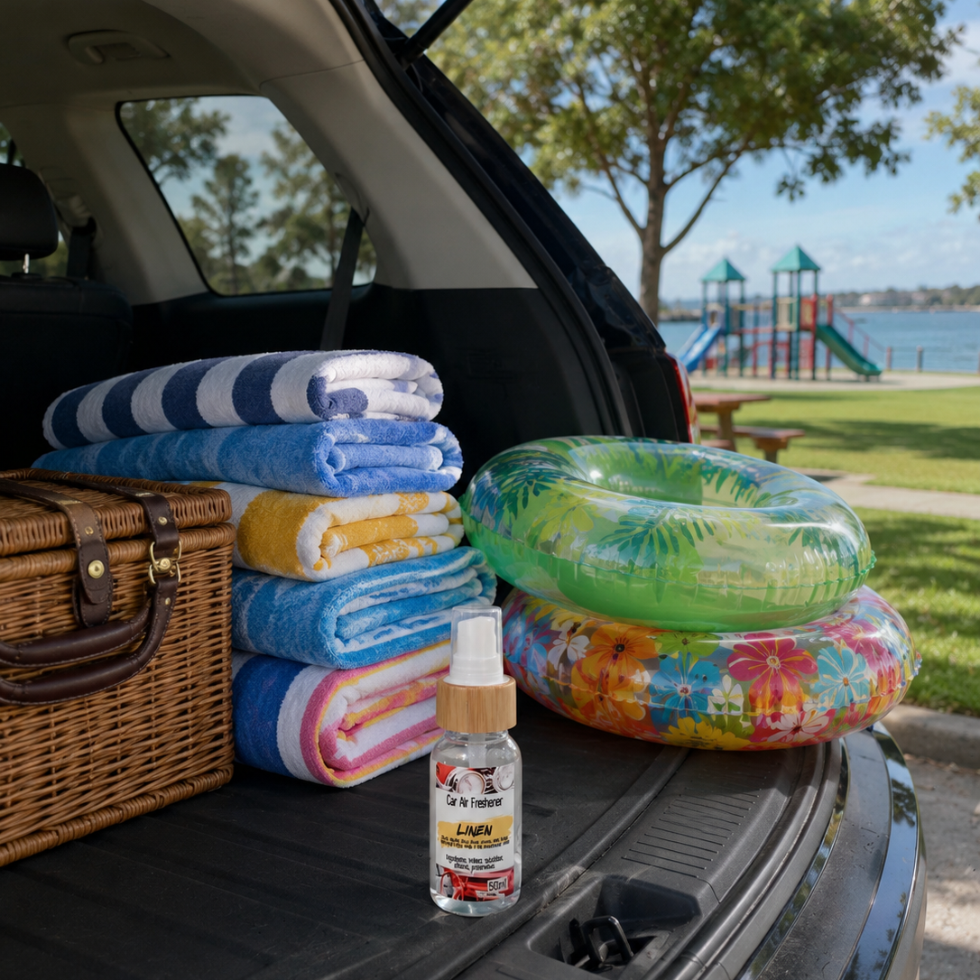 Fresh Linen car air freshener bottle sitting in the back of an open hatch inside a vehicle with towels, picnic basket and swimming floats. 