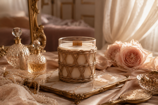 Goddess Candle in a decorative holder with perfume bottles and flowers on a table.