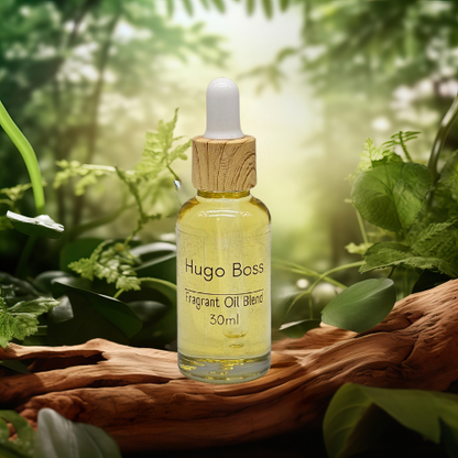 30ml Diffuser Fragrant Oil bottle with a blend inspired by Hugo Boss. Contains a wooden cap in a natural setting.