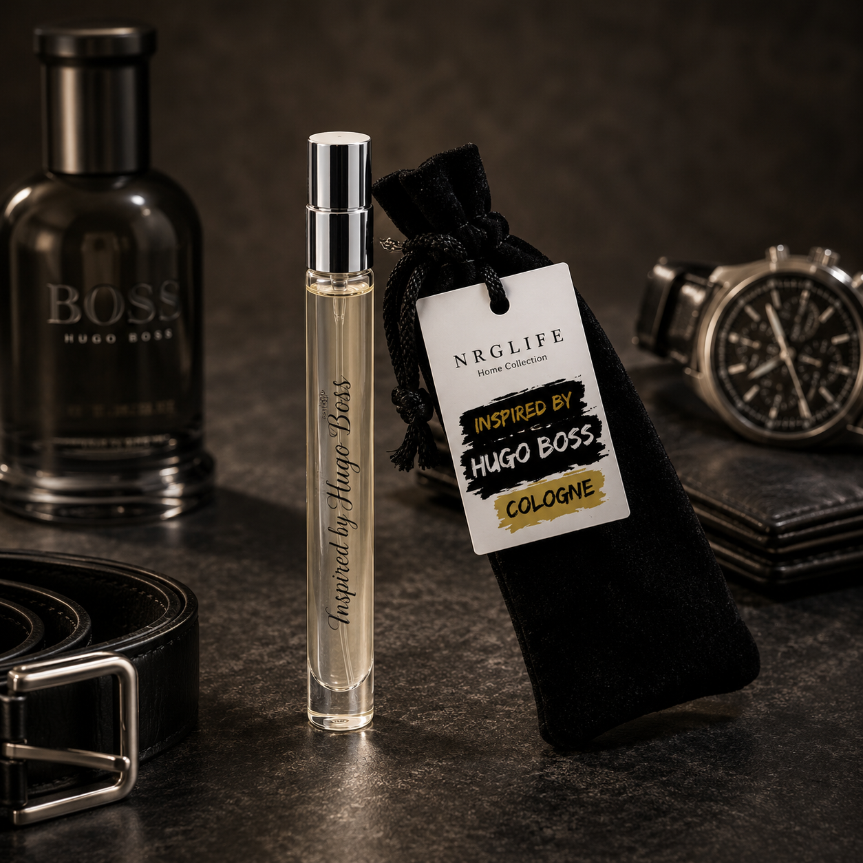 A 10ml Inspired by Hugo Boss Cologne atomizer spray bottle with a silver cap, displayed next to its black velvet pouch with a white hangtag. The background is a dark, moody setting with a black Hugo Boss bottle, a watch, and a leather belt.  This is a replicated version not an original.