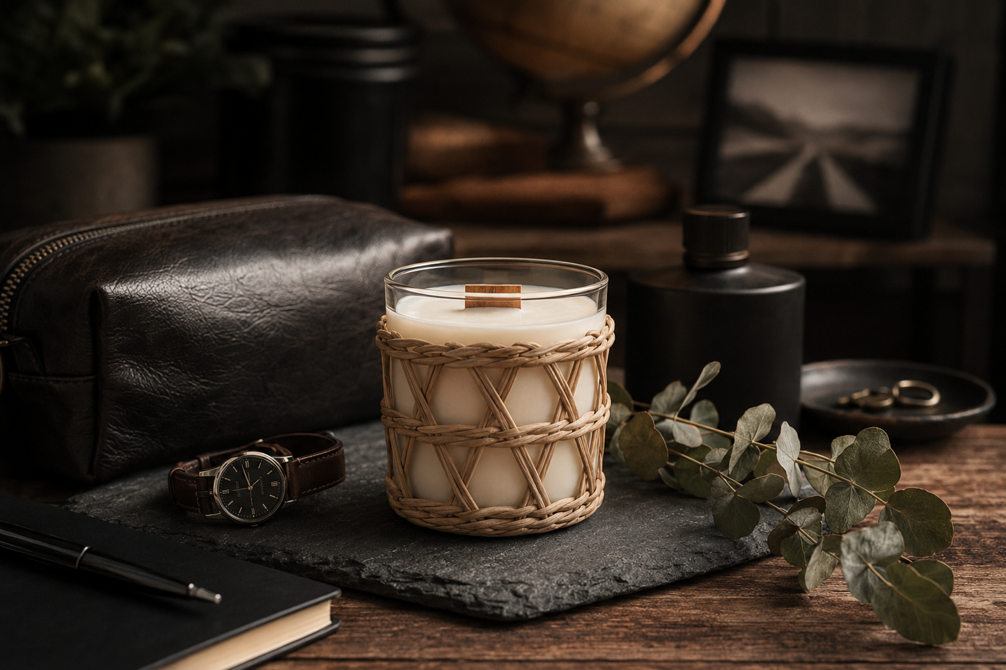Cologne Candle inspired by Hugo Boss in a woven holder on a dark surface with a globe and leather bag in the background.