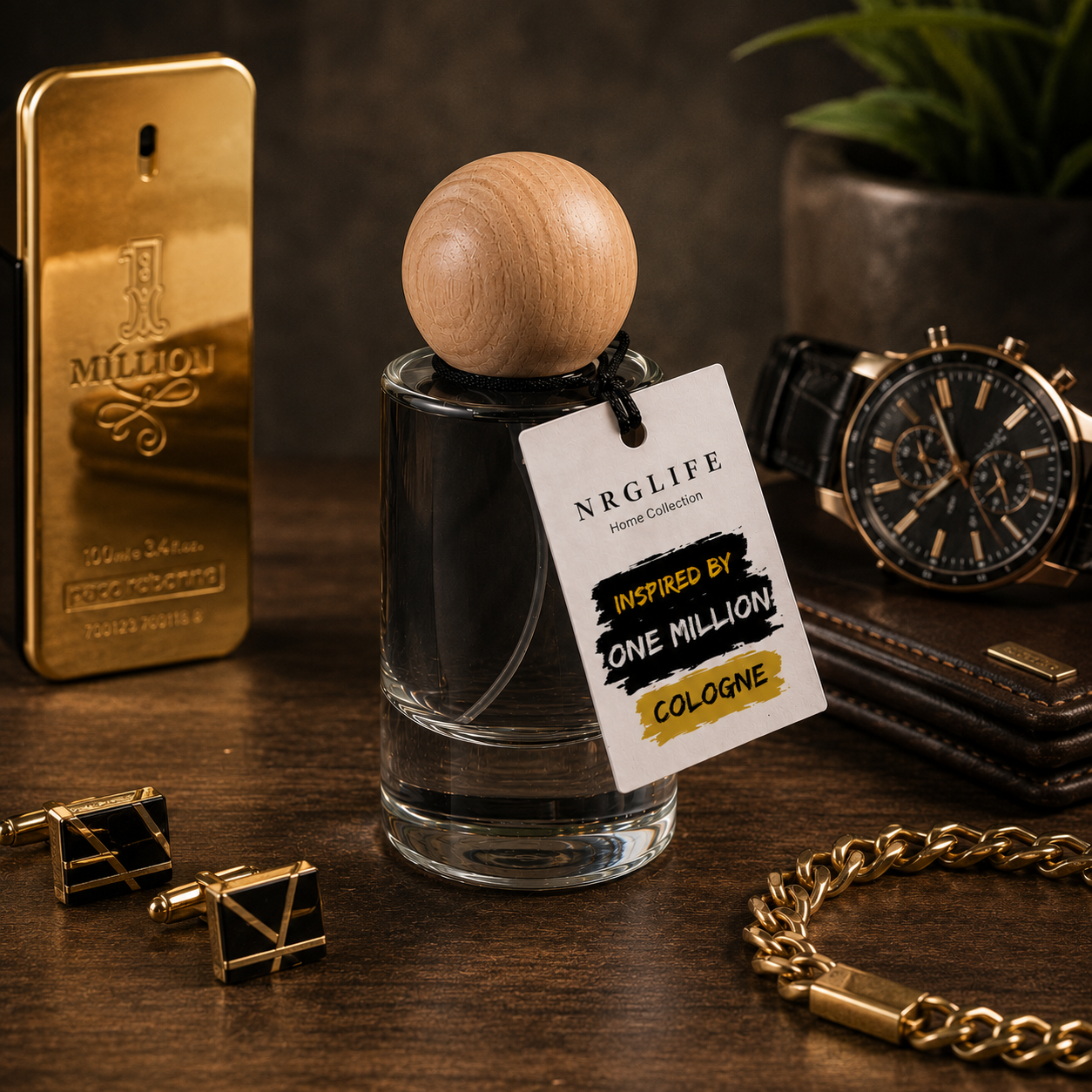 A 25ml bottle of Ngrlife Inspired by One Million Cologne with a wooden top and a branded paper tag, styled on a dark wooden table with a gold perfume box, watch, cufflinks, wallet, and chain bracelet. This is a replicated version not an original.