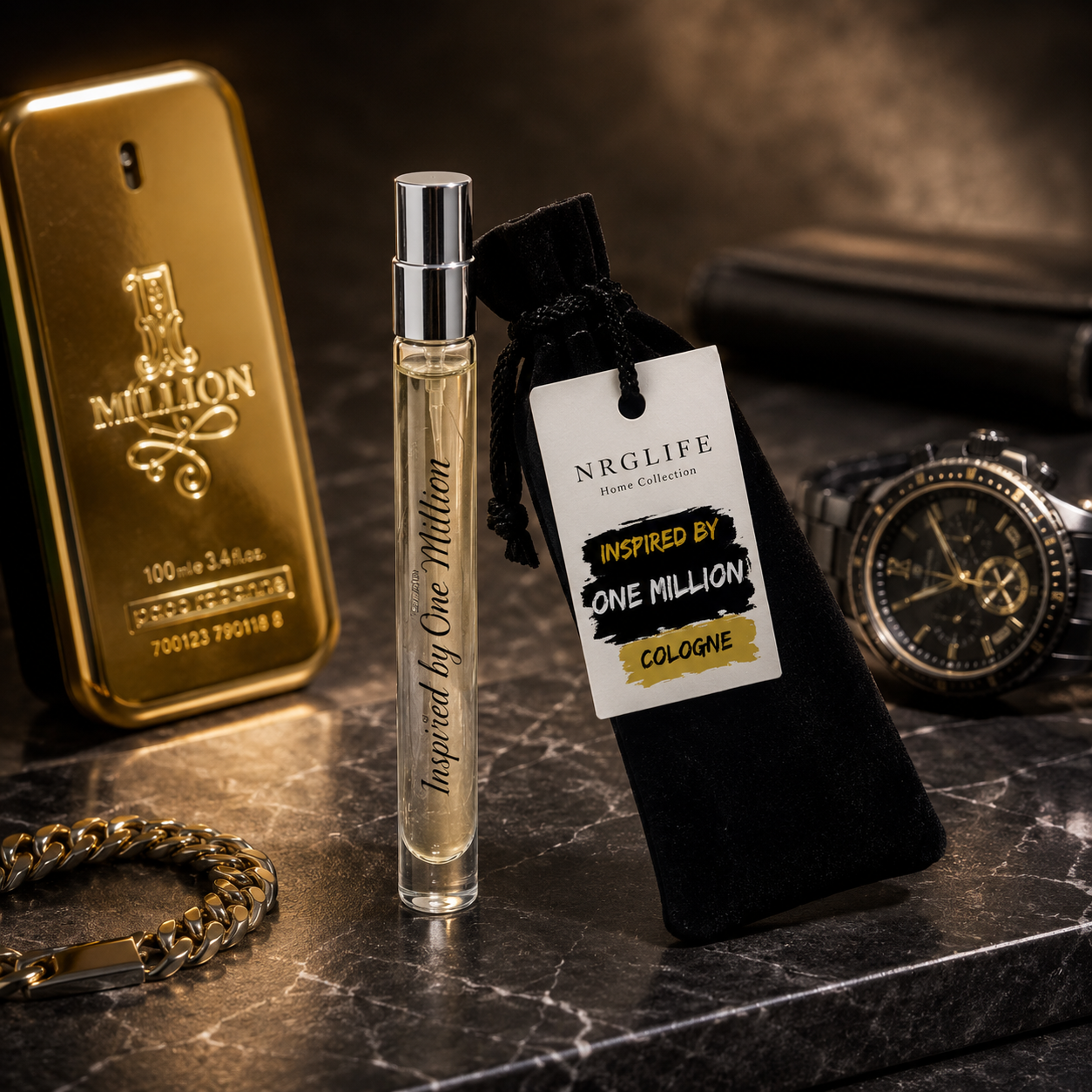 A clear cylindrical 10ml cologne atomizer bottle with a silver cap stands beside a black velvet pouch with a white Nrglife tag, that says Inspired by One Million, set on a dark marble surface with a gold perfume box, watch, and bracelet in the background.  This is a replicated version not an original.