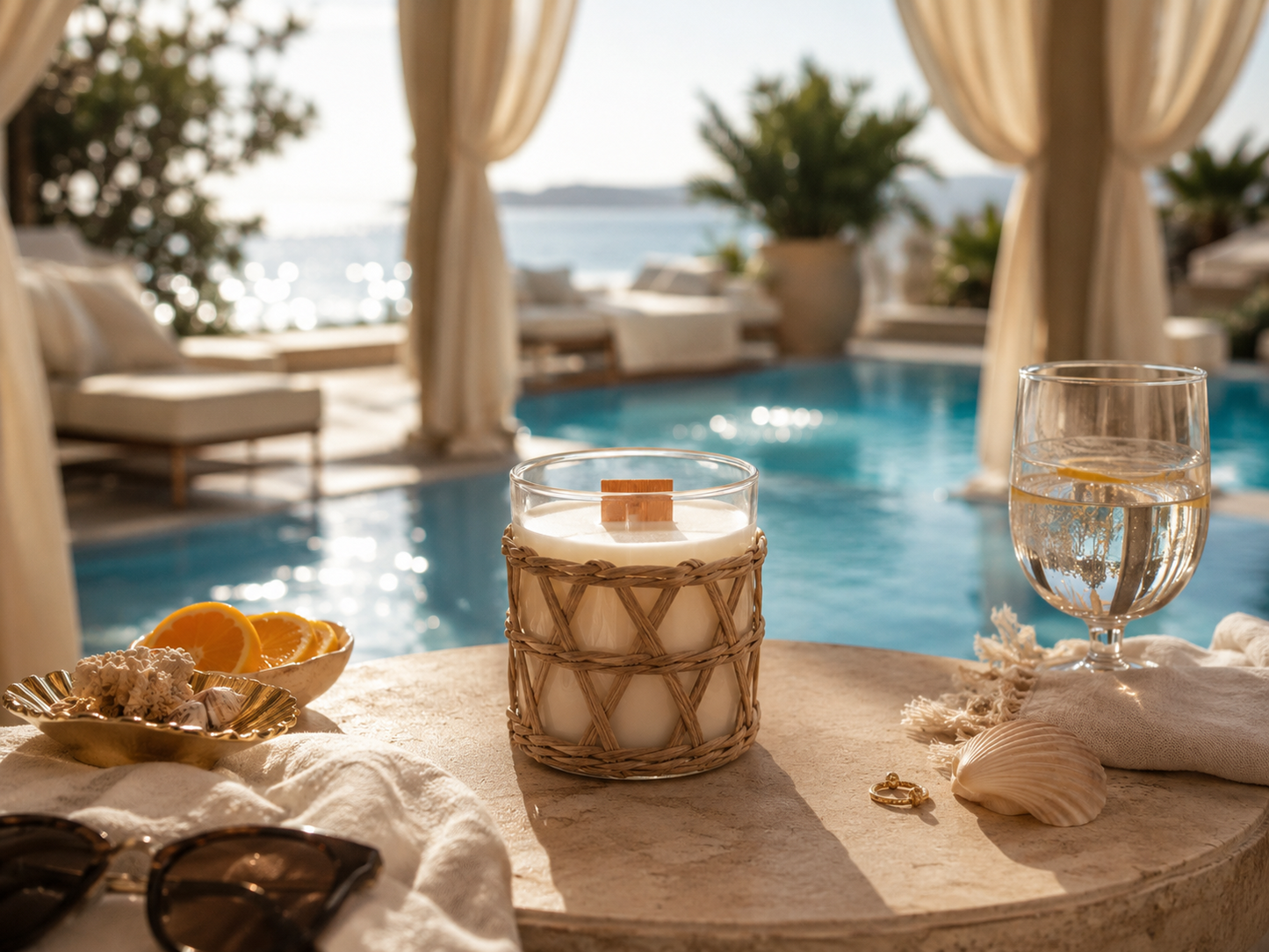 Candle and glass of water on a table by a pool with scenic background