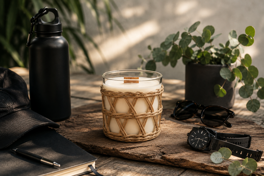 A Candle called Fifty Shades, sitting on a timber outdoorsy table. The glass candle is encased with a wicker holder  with a black water bottle, sunglasses, and a watch.