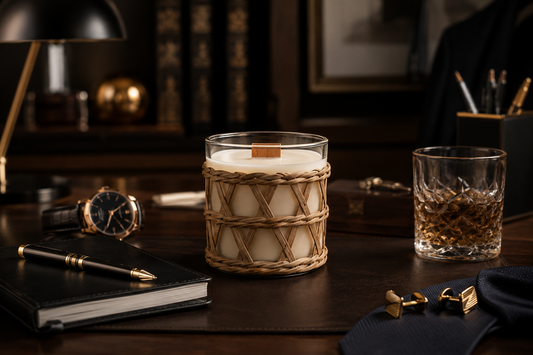  A Candle inspired by the cologne scent one Million. Perfectly placed in a desk with a tie, cuff links, a glass of whiskey, table lamp for the professional male.
