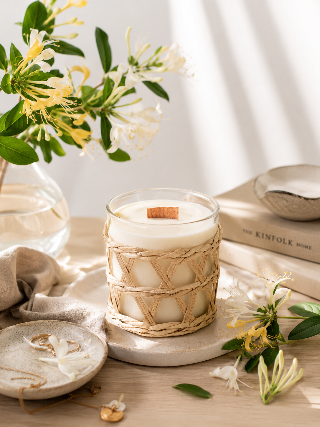 A highly floral fragrance candle loved and cherished placed on a timber table with blooms.