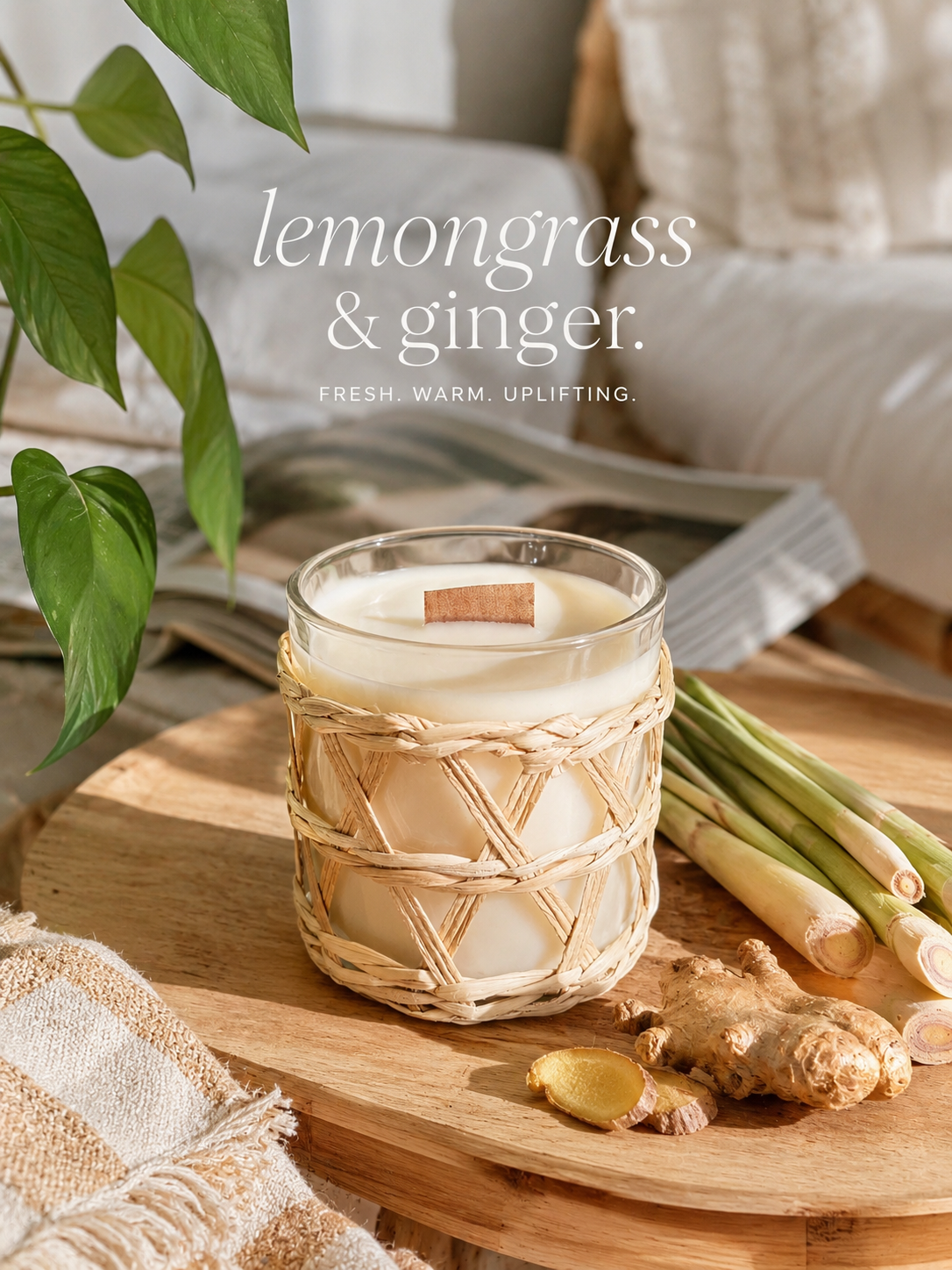 Candle labeled 'lemongrass & ginger' on a wooden surface with lemongrass and ginger roots.