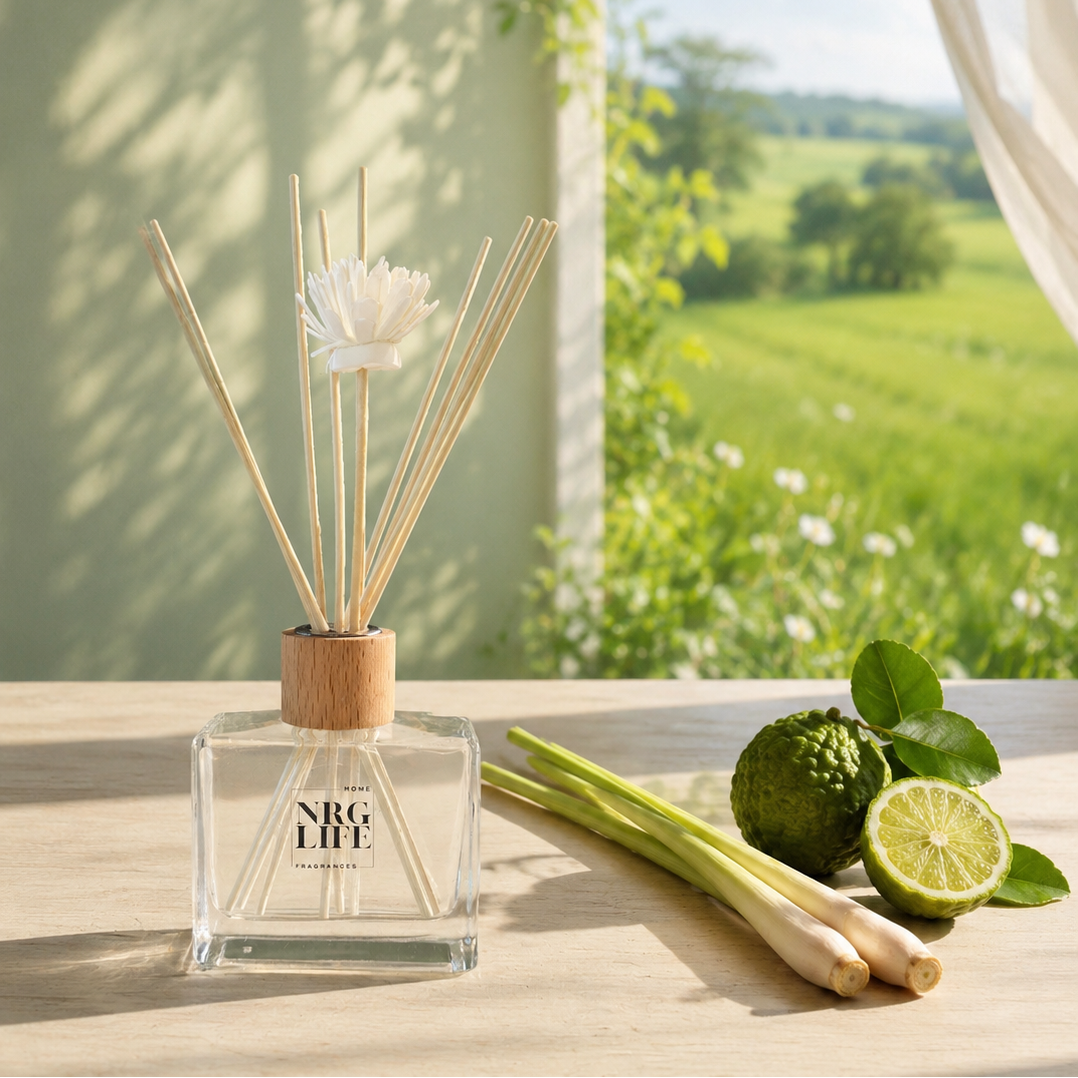 Lemongrass & Kaffir Lime Reed Diffuser with wooden cap on a table with a meadow background.