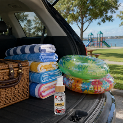 Fresh Linen Car Air Freshener sitting in the boot of a back open hatch, with towels, picnic basket and pool toys next to it.