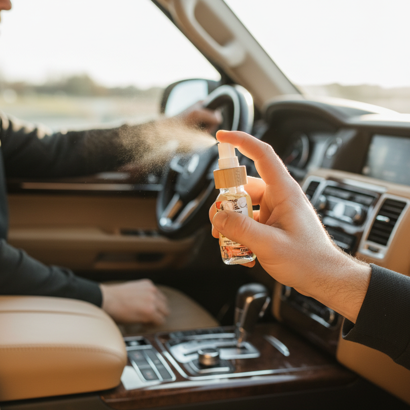 Log Cabin car air freshener being sprayed into a car.