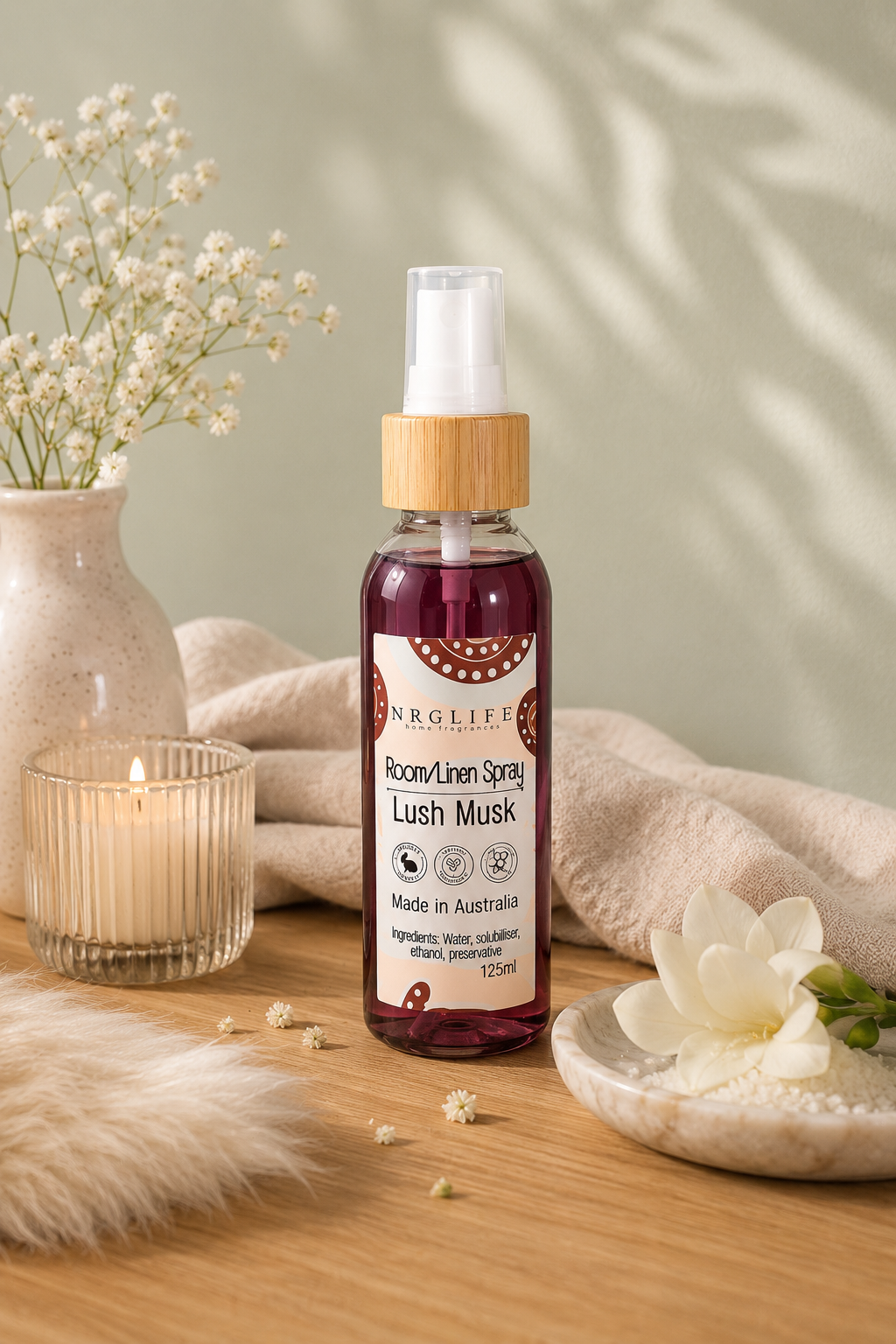 Nrglife Lush Musk Room/Linen Spray in a clear bottle with bamboo cap, made in Australia, 125ml