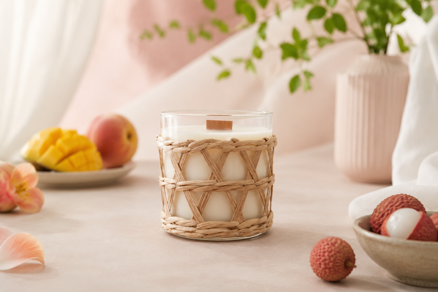 Glass Jar with Rattan Weave Overlay with the fragrance scent Lychee & Guava Sorbet. Set on a table with greenery and fruit.