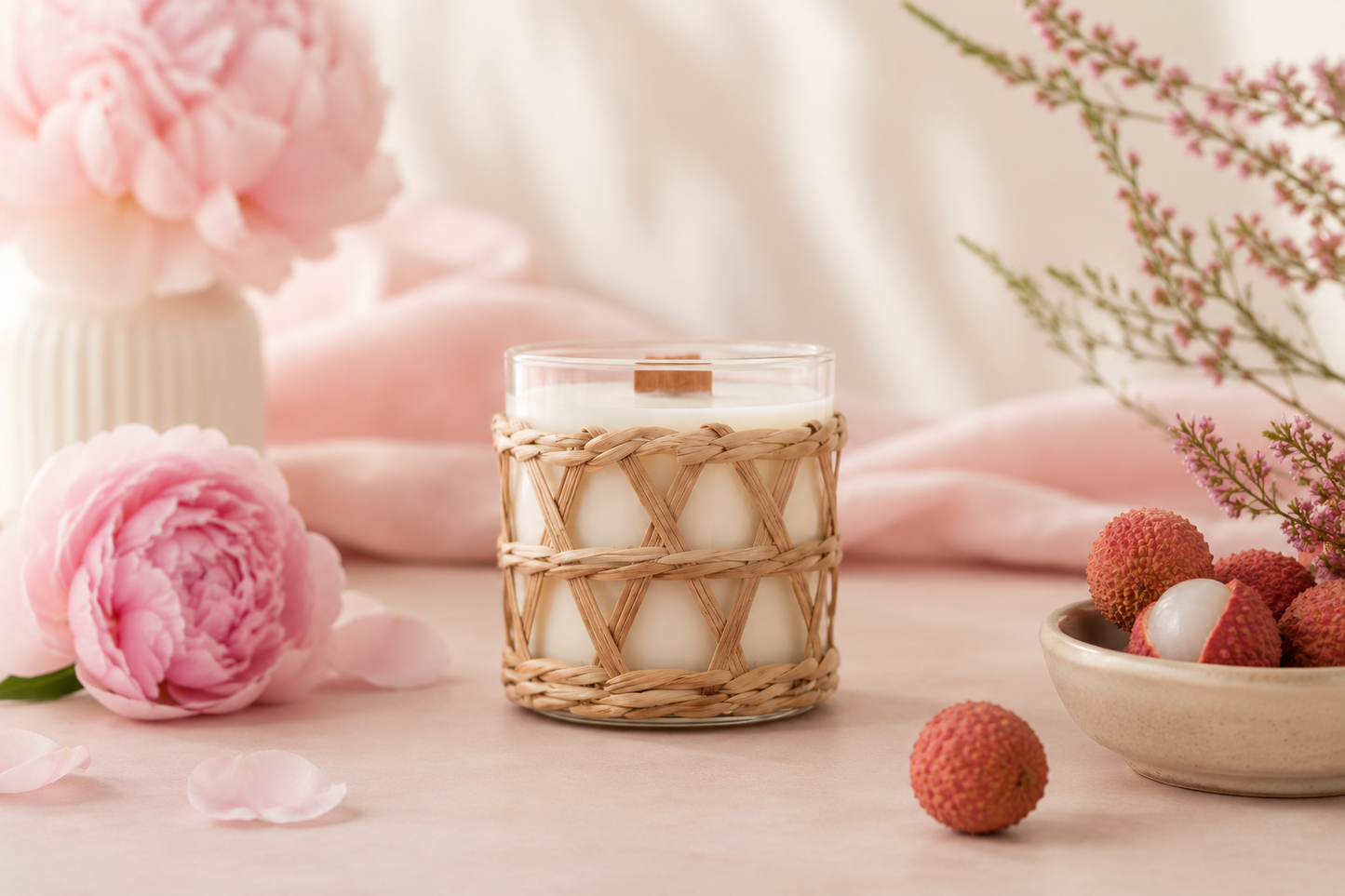 Coconut Soy Candle with the scent Lychee & Peony in a glass jar with a rattan weave overlay. Placed on a table with pink flowers and lychees on a soft feminine background.