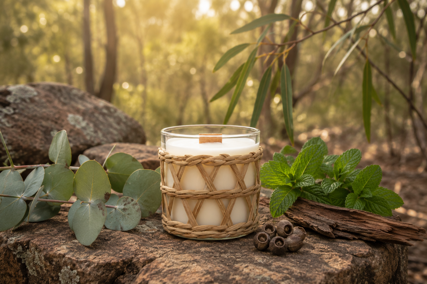 A Natural Candle with the scents eucalyptus, spearmint, bergamot and cedarwood. It's glass with a rattan woven holder sitting on a rock with the Australian bush in the background.