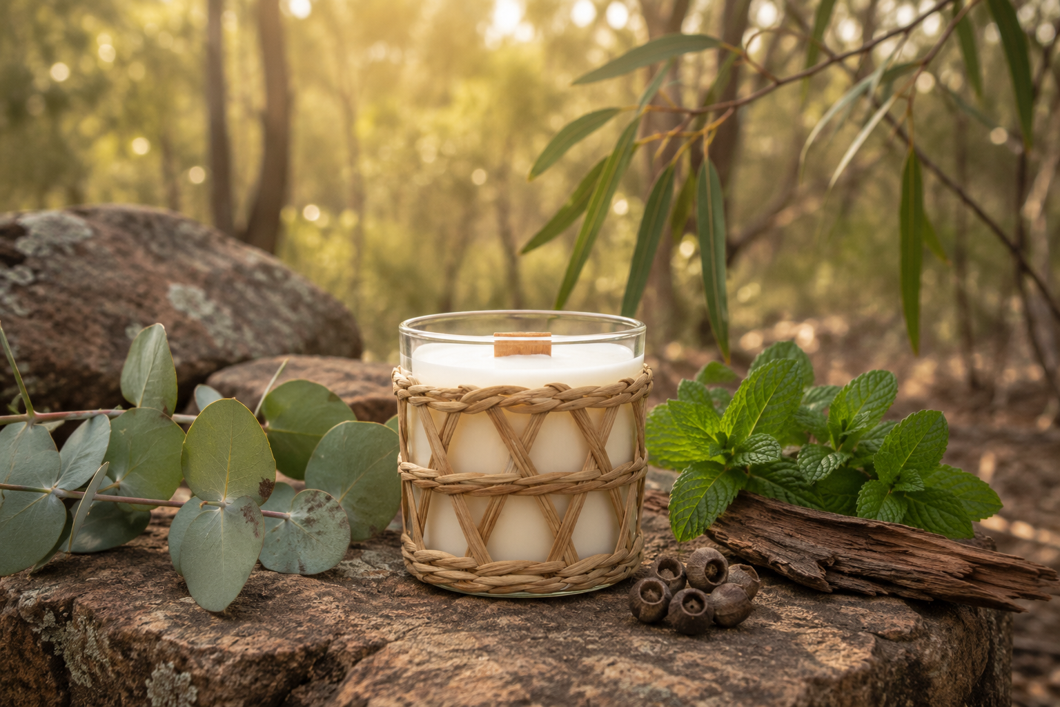 A Natural Candle with the scents eucalyptus, spearmint, bergamot and cedarwood. It's glass with a rattan woven holder sitting on a rock with the Australian bush in the background.