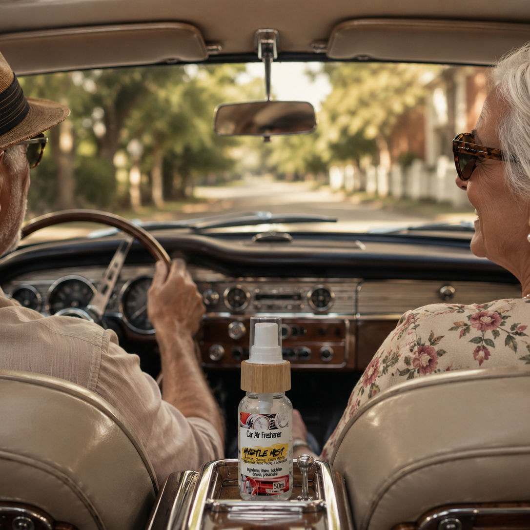 Myrtle Mist car air freshener bottle sitting in a vintage car on the middle dash, with a retired couple.
