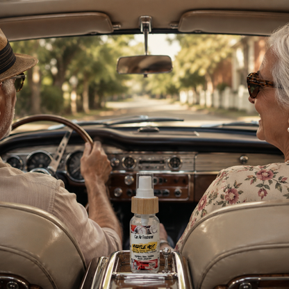 Myrtle Mist car air freshener bottle sitting in a vintage car on the middle dash, with a retired couple.