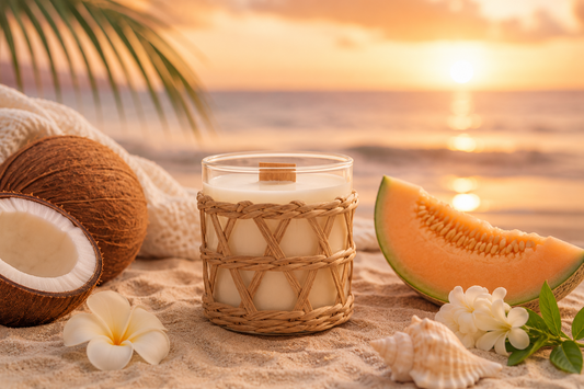 Coconut Soy Candle with the scent coconut melon, sitting on the sand at sunset with frangipani, shell, coconut and melon surrounding it.