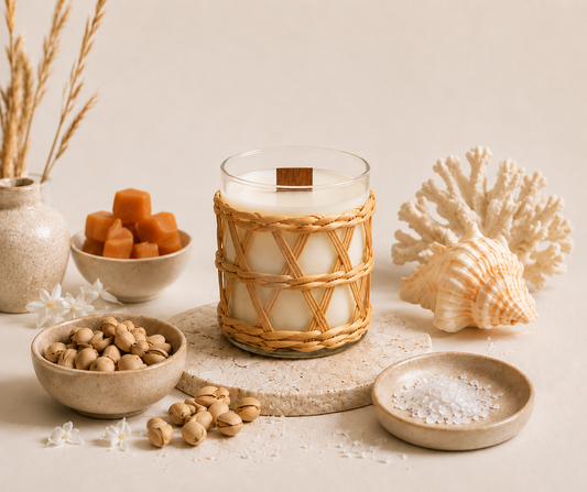 A coconut soy candle, placed in a glass candle jar with a rattan weave overlay, placed on a table with a heat proof round piece of marble with coral, shells, salt, pistachio and caramels, scattered around the table.