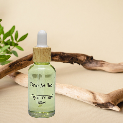 30ml bottle of One Million fragrance oil diffuser blend with a wooden dropper on a natural background.