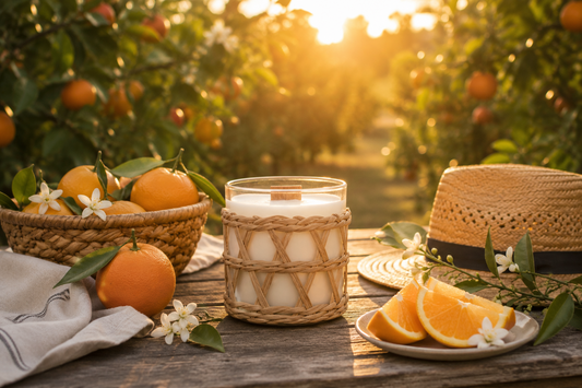 A Candle sitting on a table in an Orchard with the scent called Orange & Ylang. It's sunset there is filtered light, a straw hat and orange surrounding the candle.