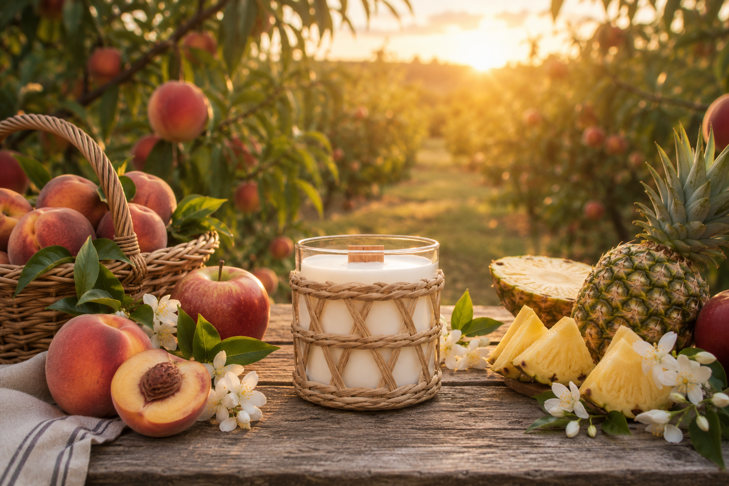 A candle made of glass with a rattan cane overlay with the natural scent of peach and Ylang. It is sitting on a timber picnic table in the middle of a peach orchard with peaches, pineapple and jasmine springs in the background.