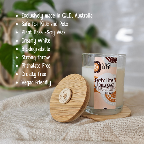 Signature Candle with features listed with the timber lid off and a label Persian Lime & Lemongrass.